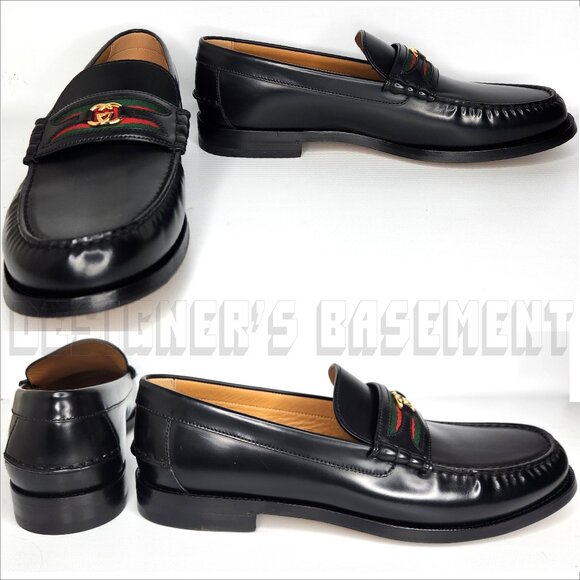 Gucci 13 black KAVEH polished Leather DOUBLE G WEB detail Loafer Shoes NIB - Picture 5 of 13